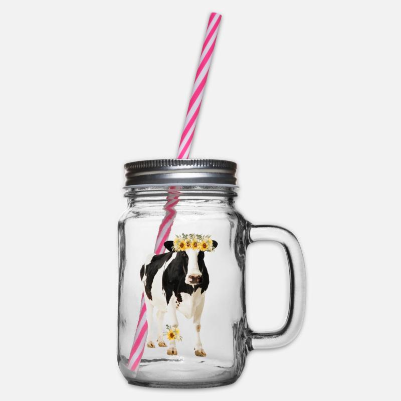 Holstein Kuh mit Blüten - Henkelglas mit Schraubdeckel - Klar