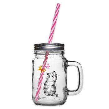 Cat with Butterflies – Sketch Design - Glass jar with handle and screw cap - clear - Right