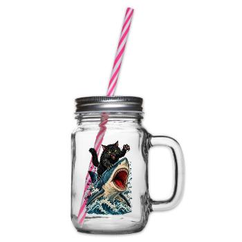 Angry Black Cat Riding a Great White Shark - Henkelglas mit Schraubdeckel - Klar - Rechts