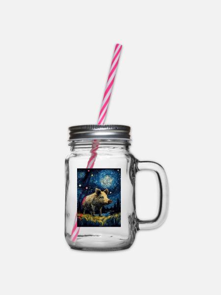 wildschwein, van gogh, sternennacht, tier, schwein - Henkelglas mit Schraubdeckel - Klar
