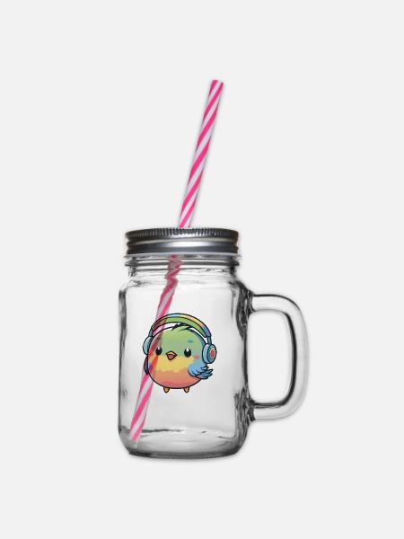 Kawaii Niedlicher glücklicher bunter Vogel mit Kopfhörern - Henkelglas mit Schraubdeckel - Klar