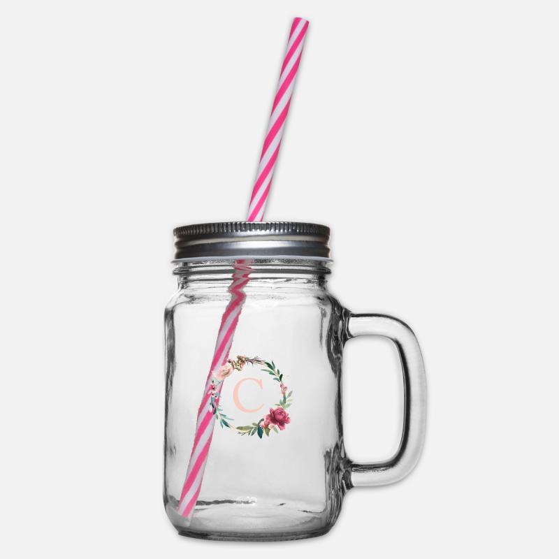 Customizable Monogram C Flowers Circle Boho - Glass jar with handle and screw cap - clear