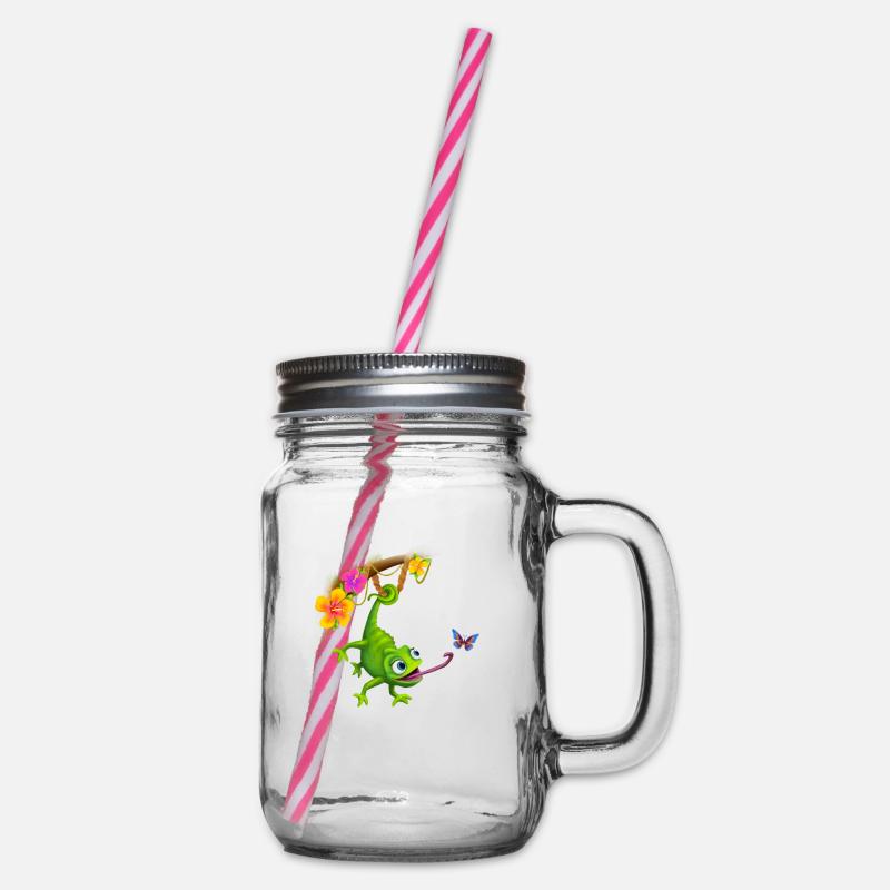 Chamäleon mit Schmetterling und Blumen - Henkelglas mit Schraubdeckel - Klar