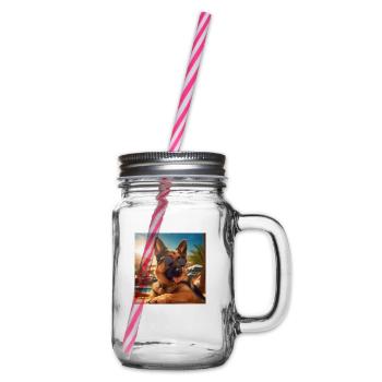 German Shepherd with sunglasses on vacation by the pool - Glass jar with handle and screw cap - clear - Right
