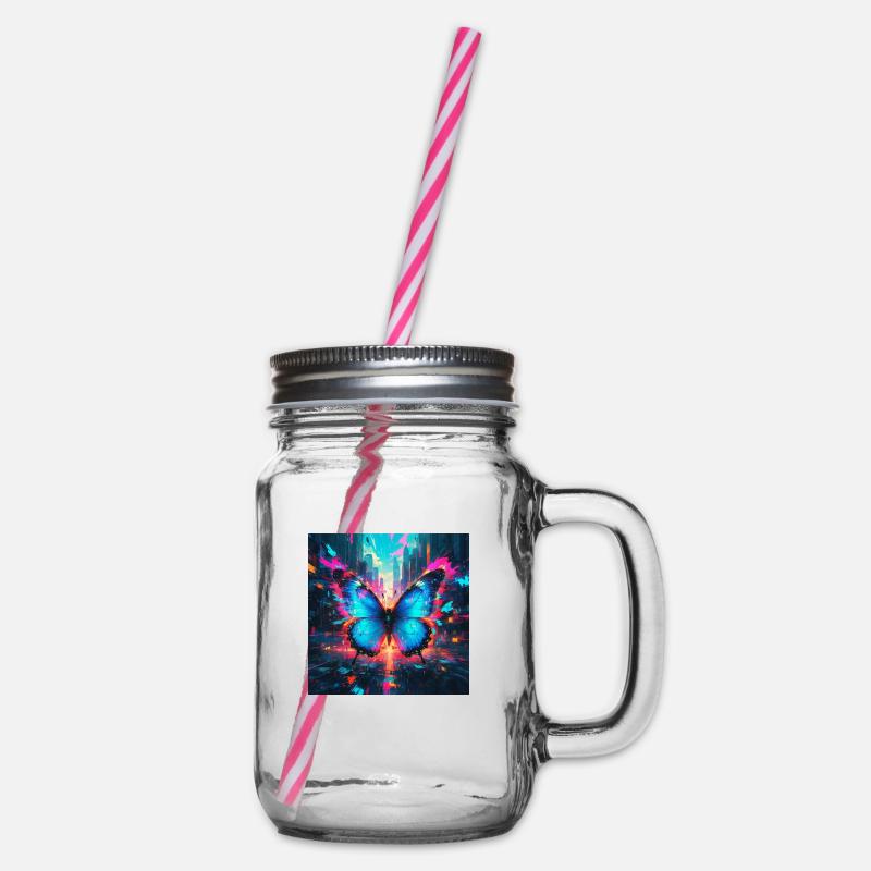 Neon Blauer Morphofalter Schmetterling - Henkelglas mit Schraubdeckel - Klar