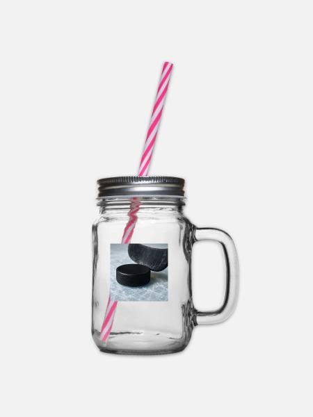 Eishockey - Schläger und Puck - Henkelglas mit Schraubdeckel - Klar