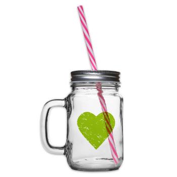 green heart - nature - hiking - used look - Glass jar with handle and screw cap - clear - Left