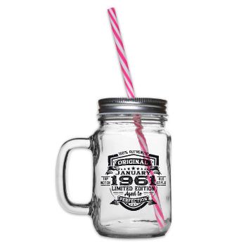Born 1961 January 62nd birthday gift man - Glass jar with handle and screw cap - clear - Left