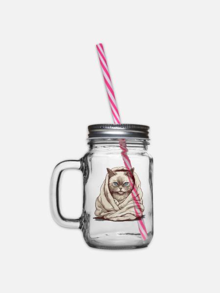 Katze in einer Decke - Henkelglas mit Schraubdeckel - Klar