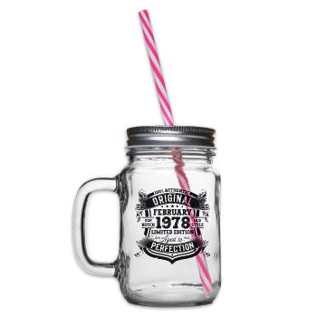 Original February vintage 1978 birthday gift - Glass jar with handle and screw cap - clear - Left