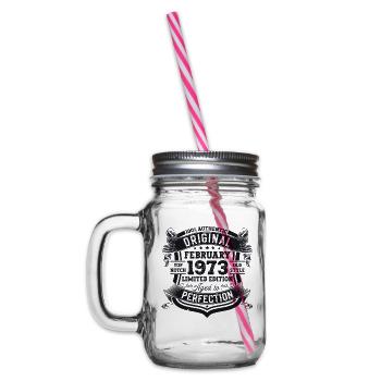 Original February Year 1973 Birthday Gift - Glass jar with handle and screw cap - clear - Left
