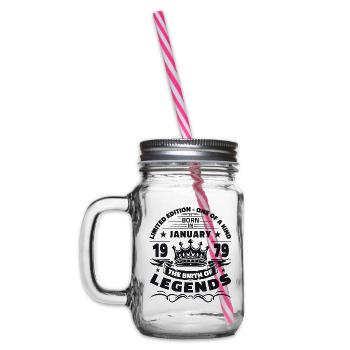 45th Birthday January Vintage Legendary Since 1979 - Glass jar with handle and screw cap - clear - Left