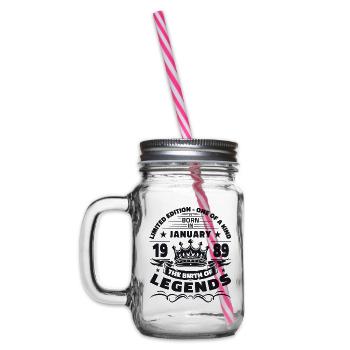 35th Birthday January Vintage Legendary Since 1989 - Glass jar with handle and screw cap - clear - Left