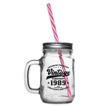 35th Birthday Husband Vintage February Vintage 1989 - Glass jar with handle and screw cap - clear - Left