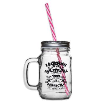 65th Birthday Legendary Since March Born in 1959 - Glass jar with handle and screw cap - clear - Left