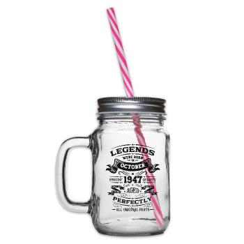 77th Birthday Legend October 1947 Volume 47 - Glass jar with handle and screw cap - clear - Left