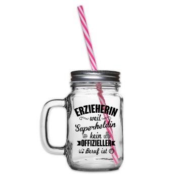 Erzieherin weil Superheldin kein Beruf ist - Henkelglas mit Schraubdeckel - Klar - Links
