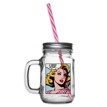 I need wine, pop art girl - Glass jar with handle and screw cap - clear - Left