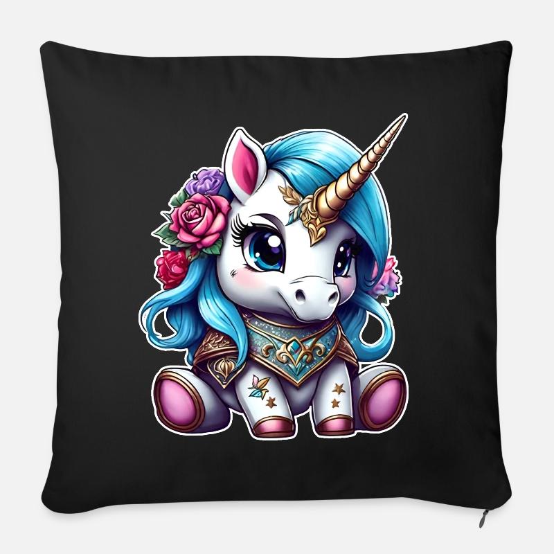Niedliches Einhorn mit Blumen - Sofakissen mit Füllung 45 x 45 cm - Schwarz