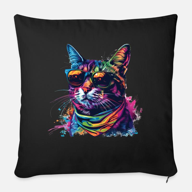 Regenbogen Graffiti Katze mit Sonnenbrille - Sofakissen mit Füllung 45 x 45 cm - Schwarz