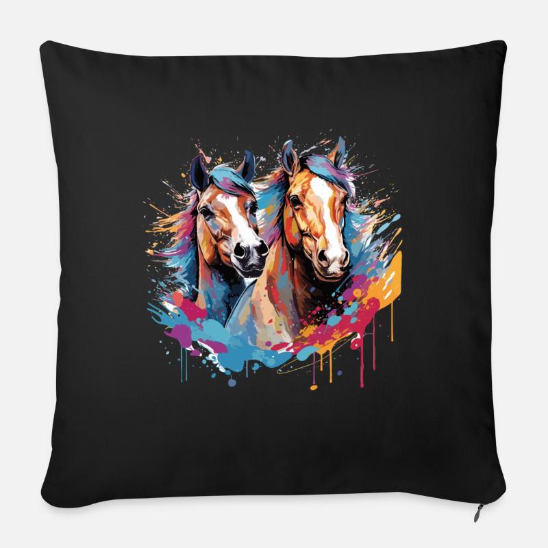 Chevaux, horses - Coussin et housse de 45 x 45 cm - noir