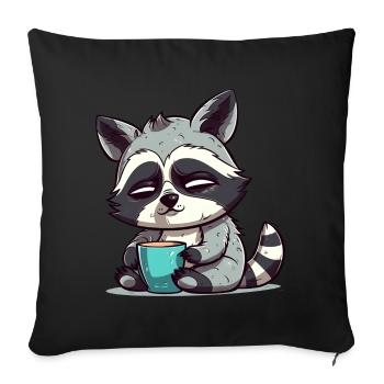 Sleepy raccoon with coffee - Sofa pillow with filling 45cm x 45cm - black - Front