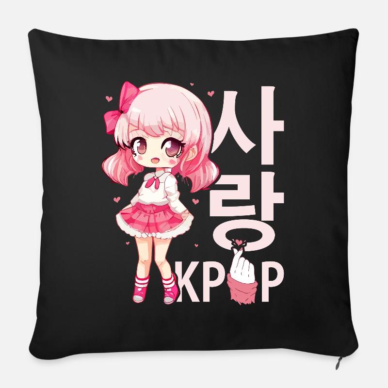 Saranghae Coréen Finger Heart KPOP Chibi Anime - Coussin et housse de 45 x 45 cm - noir
