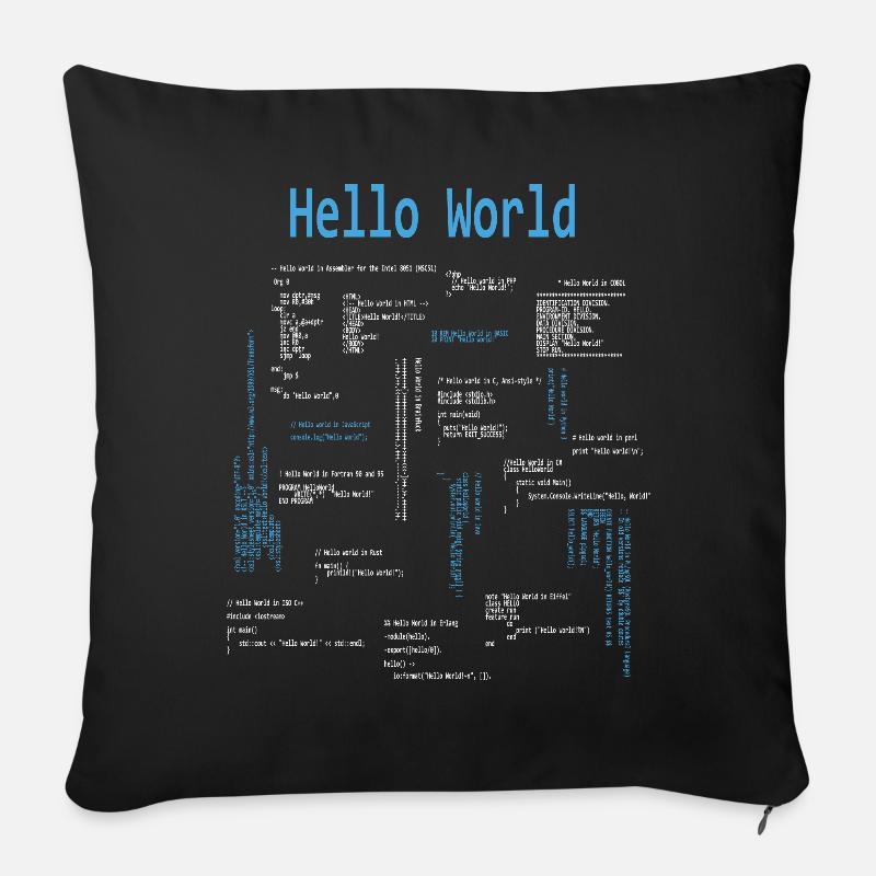 Hello World Programmeur Langages de programmation Nerd - Coussin et housse de 45 x 45 cm - noir