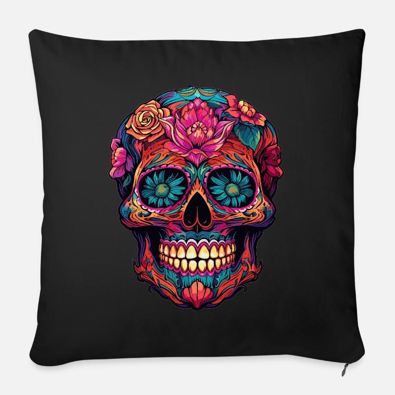 Crâne mexicain - Dia de Muertos Skull - Coussin et housse de 45 x 45 cm - noir