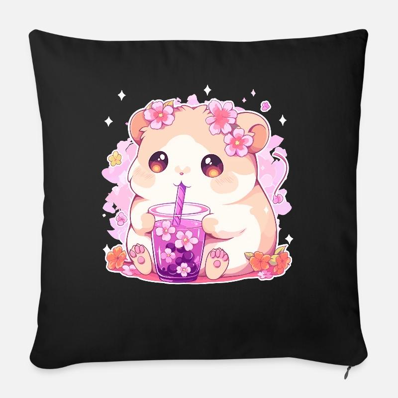 Kawaii Hamster trinkt Boba Bubble Tea Chibi - Sofakissen mit Füllung 45 x 45 cm - Schwarz