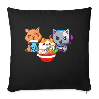 Chat Boba Thé Bubble Tea Gaming Gamer Ramen Anime - Coussin et housse de 45 x 45 cm - noir - Devant