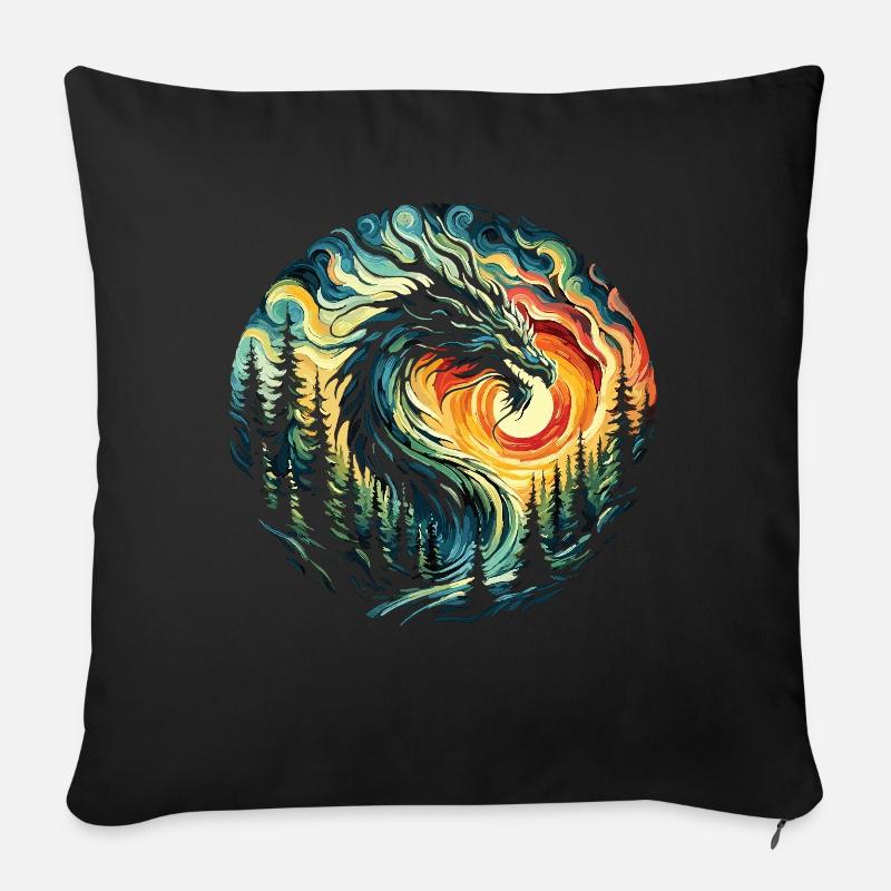 Lever de soleil avec dragon - Coussin et housse de 45 x 45 cm - noir