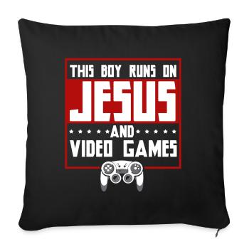 Ce garçon court sur Jésus et les jeux vidéo - Coussin et housse de 45 x 45 cm - noir - Devant