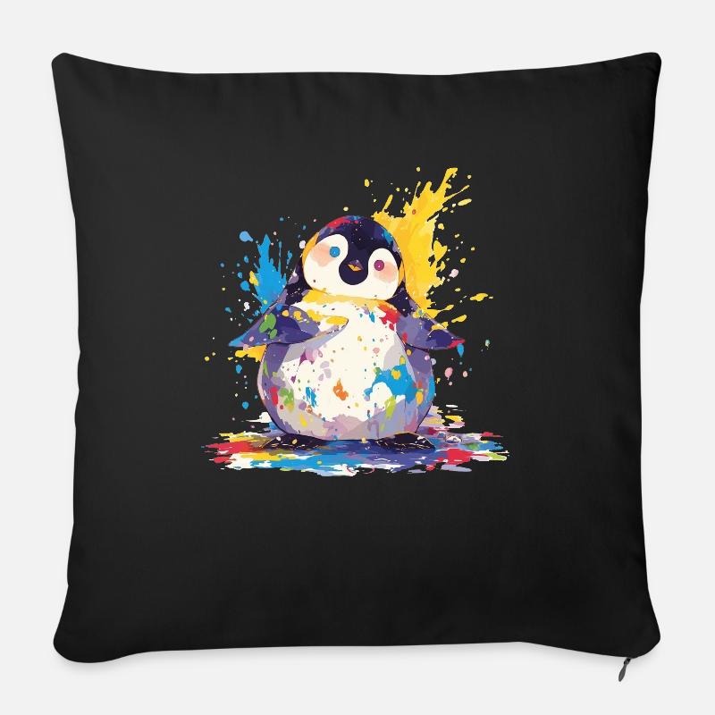 Pingouin Aquarelles Kawaii Pingouin Mignon - Coussin et housse de 45 x 45 cm - noir