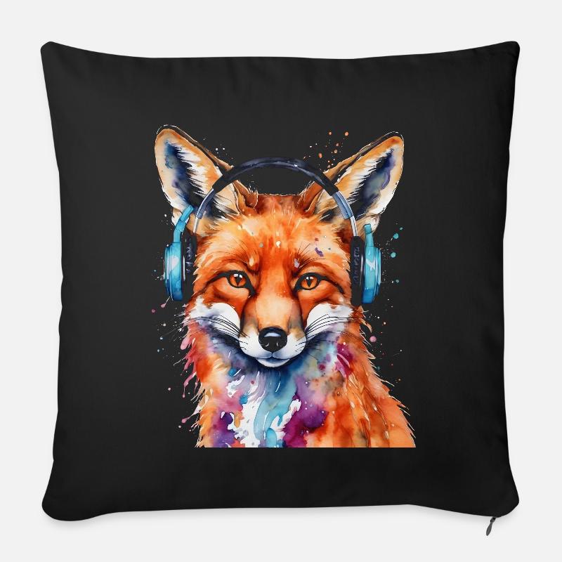 Fuchs Kopfhörer Musik Bunt Tier Design Print - Sofakissen mit Füllung 45 x 45 cm - Schwarz