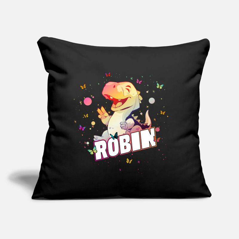 ROBIN - Schöner Junge Name mit süßem DINO T-REX Sofakissen mit Füllung 45 x 45 cm