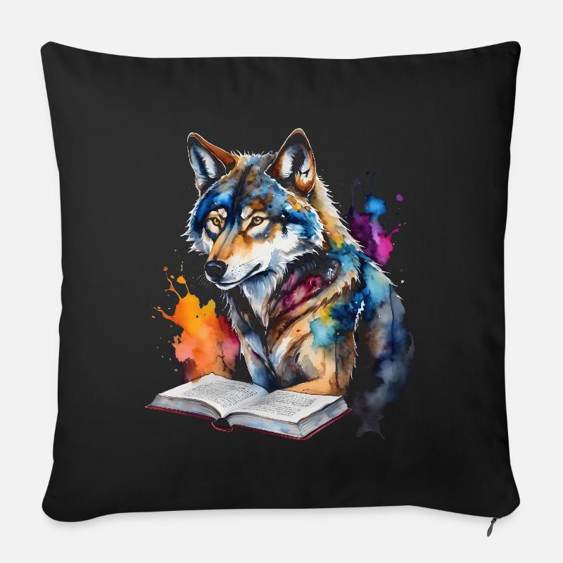 Wolf Lesen Buch Bunt Tier Design Print - Sofakissen mit Füllung 45 x 45 cm - Schwarz