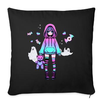 Pastel Goth Anime Fille Avec Ours En Peluche Gothique - Coussin et housse de 45 x 45 cm - noir - Devant