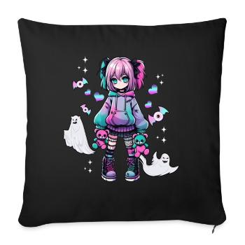 Pastel Goth Anime Fille Avec Ours En Peluche Gothique - Coussin et housse de 45 x 45 cm - noir - Devant