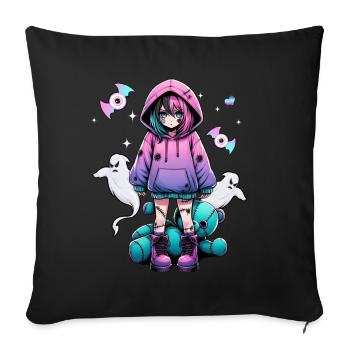 Pastel Goth Anime Fille Avec Ours En Peluche Gothique - Coussin et housse de 45 x 45 cm - noir - Devant