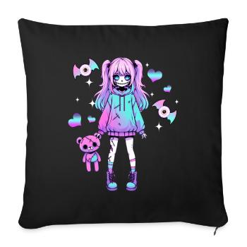 Pastel Goth Anime Fille Avec Ours En Peluche Gothique - Coussin et housse de 45 x 45 cm - noir - Devant