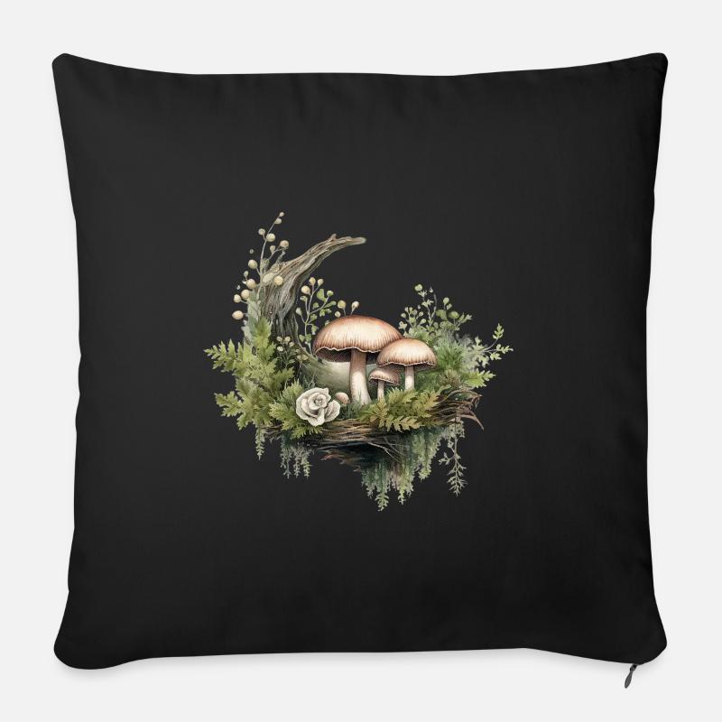 Waldpilze und Moos mit Rose - Sofakissen mit Füllung 45 x 45 cm - Schwarz