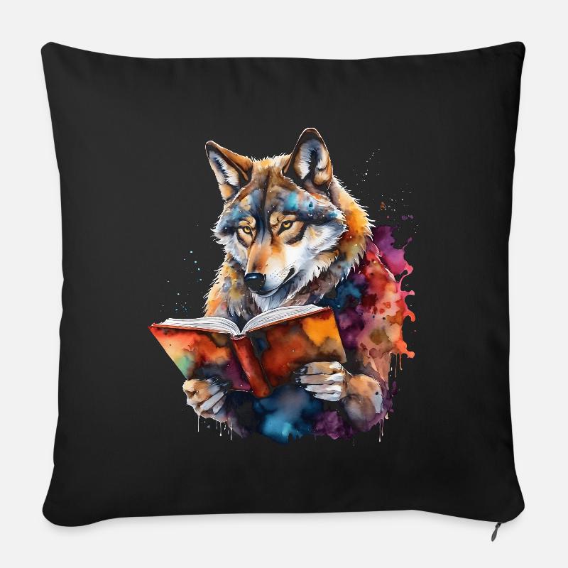 Wolf Lesen Buch Bunt Tier Design Print - Sofakissen mit Füllung 45 x 45 cm - Schwarz