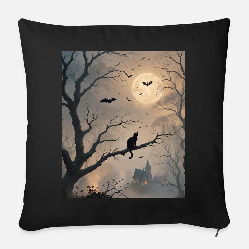 Silhouette de chat noir d’Halloween et chauves-souris - Coussin et housse de 45 x 45 cm - noir