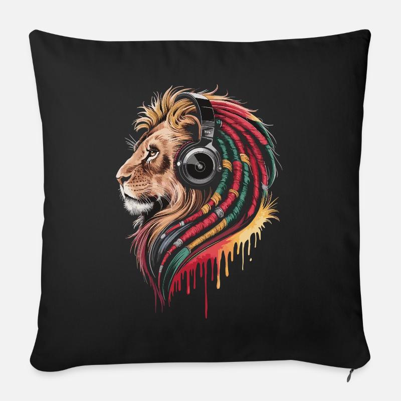 Lion du reggae avec casque - Coussin et housse de 45 x 45 cm - noir
