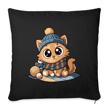 Chat mignon avec écharpe et chapeau à pompon. - Coussin et housse de 45 x 45 cm - noir - Devant