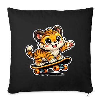 Aventure mignonne sur skateboard tigre - Coussin et housse de 45 x 45 cm - noir - Devant