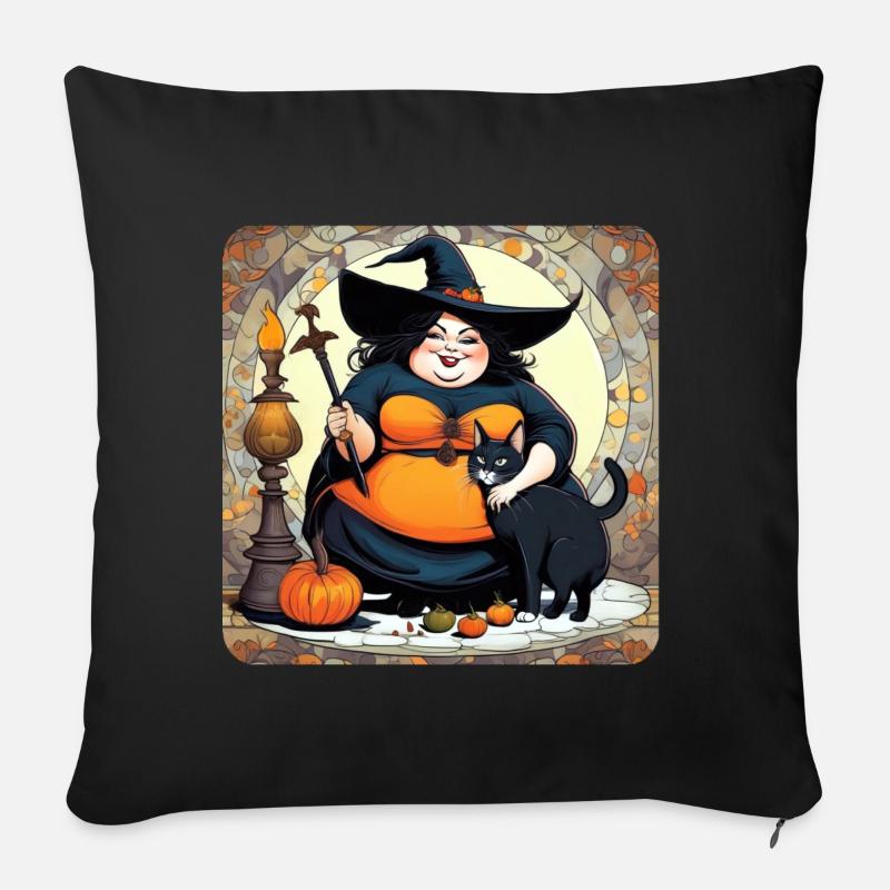 Jolie grosse sorcière avec chat noir - Coussin et housse de 45 x 45 cm - noir