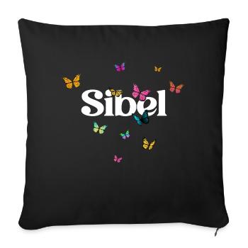 SIBEL - Beau prénom de fille avec papillon coloré - Coussin et housse de 45 x 45 cm - noir - Devant