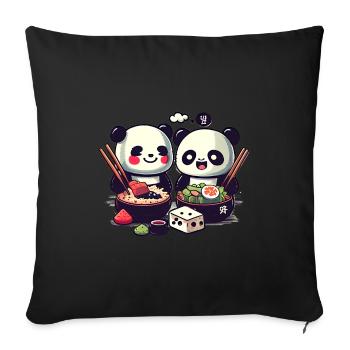 De mignons pandas comiques mangent du riz ensemble - Coussin et housse de 45 x 45 cm - noir - Devant
